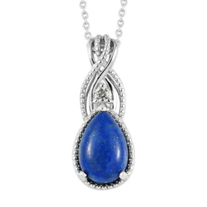 Pendant & Necklace: Lapis Lazuli & White Topaz Platinum 925 Sterling Silver NEW - Picture 1 of 5