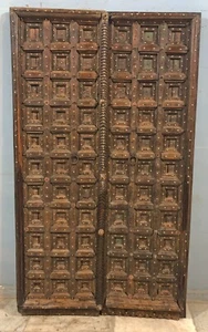 Antique Teak Wood Heavy Big Size Door Panels Pair 3.5x6 feet Original Old Brass - Picture 1 of 13