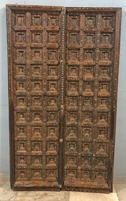 Antique Teak Wood Heavy Big Size Door Panels Pair 3.5x6 feet Original Old Brass - Image 1 of 4