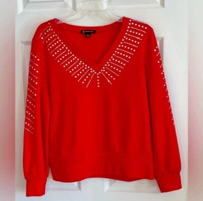 INC Rhinestones Embellished V-neck Sweatshirt Comfy  Top Petite XL - Image 1 of 4