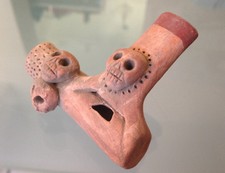 Small Collectible Aztec Ritual Whistle W/ 3 Skulls Handmade Clay Halloween Gift