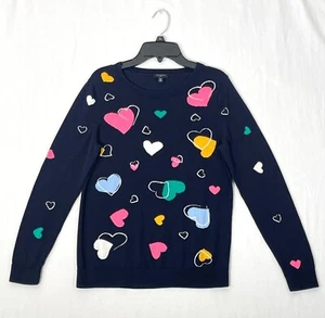 TALBOTS Women's Size Medium Petite Crewneck Pullover Tossed Hearts Print Navy - Picture 1 of 6
