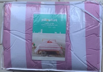 Juego de 3 piezas de edredón y fundas Pillowfort blanco y púrpura/rosa a rayas de rugby completo/queen Foto 1 de 4
