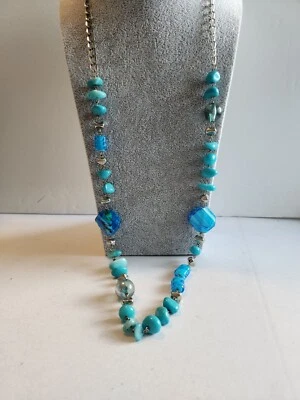 Collar 36" Turquesa Vidrio Cuentas Tono Plateado Nuevo Foto 1 de 4