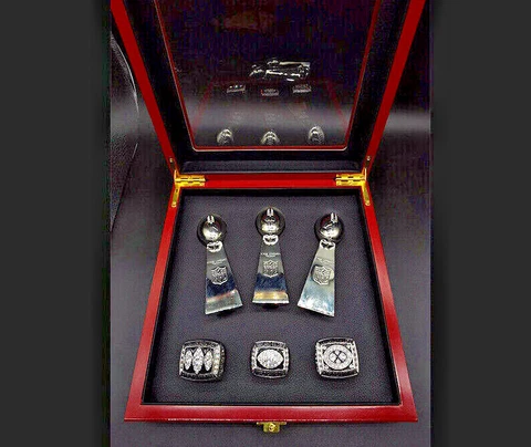 3 Pcs Set Oakland Raiders Rings Super bowl + Lombardi Trophy + Display Ring Box Cover
