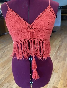 Saprano Crochet Coral Fringe size S Halter Top Midriff Boho Festival Coachella - Picture 1 of 6