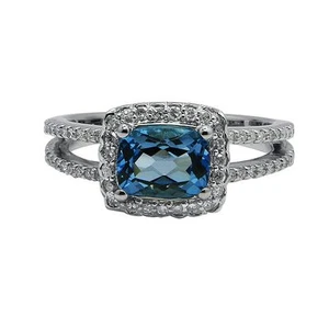 14K WHITE GOLD PAVE DIAMOND BLUE TOPAZ COCKTAIL ENGAGEMENT HALO RING - Picture 1 of 2