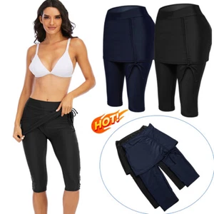 Womens Beach Slimming High Waisted Modest Swim Leggings Skirted Crop Capri Skirt - Picture 1 of 14