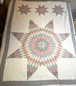 Vintage Quilt Handmade 84 Inches X 83 In Stars with Gray Trim White Background - Picture 1 of 9