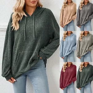 Women's Casual Hoodies Long Sleeve Solid Ribbed Pullover Tops Sweatshirt Pockets - Picture 1 of 42