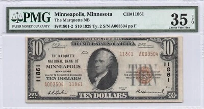 Marquette NB of MINNEAPOLIS, MN $10.00 1929 PMG 35 EPQ Charter 11861 - Image 1 of 2