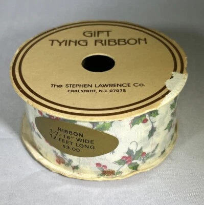 VTG NEW Gift Tying Ribbon Green Red White Holly by Stephen Lawrence 1 7/16”X 12' - Image 1 of 4