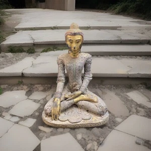 Thai Gilt Wood Seated Buddha Statue w/ Leather & Jewel Adornment - Picture 1 of 16