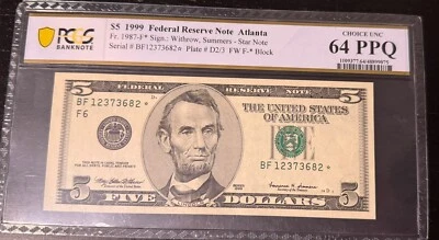 1999 $5 Atlanta District Star Federal Reserve Note FR 1987-F* CHOICE UNC 64 PPQ - Image 1 of 2