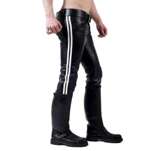 Men's genuine Leather Pant Jeans Steampunk Gothic Retro Motorbike Pants Trousers - Picture 1 of 3