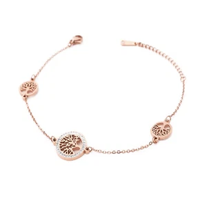 Edelstahl Armband Armkette mit 3 Lebensbaum Anhänger Strass Rosefarben Damen - Bild 1 von 5