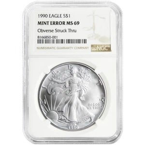1990 $1 1-oz American Silver Eagle NGC MS69 Mint Error Obverse Strike Thru - Picture 1 of 2