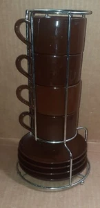 Mugs with Saucers Espresso Tea Coffee Pier 1 Imports Stacking Dark Brown w Stand - Picture 1 of 10