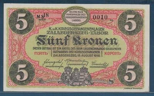 Austria Hungary Empire WWI POW Camp Zalaegerszeg 5 Kronen, 1916, UNC - Picture 1 of 2