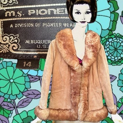 1970s Penny Lane Ms. Pioneer Suede Faux Fur Coat Quilted Chest 40” Vintage  - Image 1 of 4