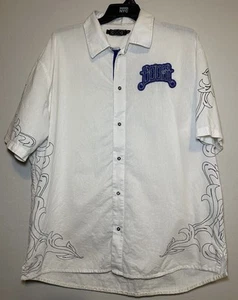 COOGI Button Up Shirt Mens 3XL Blue Embroidered Luxe Ivory Linen Y2K Hawaiian - Picture 1 of 12