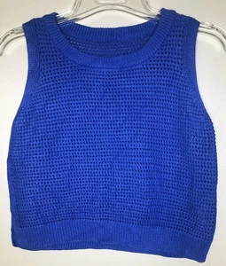 Open Knit Tank Sweater Large Bright Royal Blue Side Vents Pullover Stretchy - Picture 1 of 5