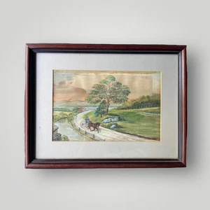 Quadro Acquerello Arte Popolare Scena Campagna Idilliaca Cavallo e Passeggino - Foto 1 di 6