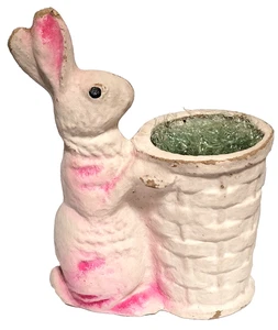 De colección 10" Papel Maché Pascua Rosa Conejo Conejo ¡con Canasta Contenedor Caramelos!! - Imagen 1 de 6