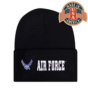 UNITED STATES US AIR FORCE USAF TEXT LOGO BLACK CUFFED KNIT BEANIE WINTER HAT SK - Picture 1 of 1