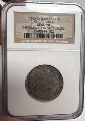 1783 MO FF El Cazador Shipwreck NGC Genuine MEXICO 2 Reales Silver AU+ Details! - Image 1 of 3