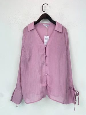 Próxima Blusa Rosa Lisa Botones Cuello en V Manga Larga Puño Corbata Transparente UK14 NUEVA Foto 1 de 4