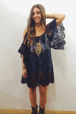 Jen's Pirate Booty Free People Blue On The Open Road Lace Boho Tunic Dress XS/S - Image 1 of 4
