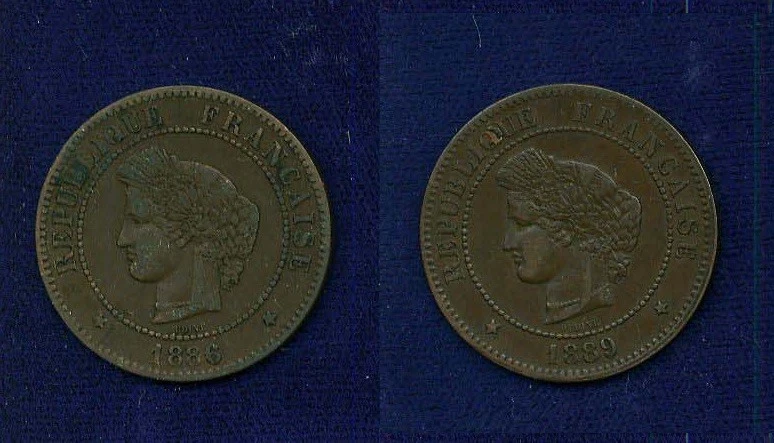 FRANCE REPUBLIC 1886-A  & 1889-A  5 CENTIMES COINS, VF to XF, LOT OF (2) - Image 1 of 1