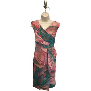 Chiara Boni La Petite Robe Abstract Teal & Pink Wrap Effect Ruffle Dress 42 FLAW