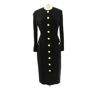80s Vintage Louis Féraud Black Tailored Shirt Dress with Gold Buttons Size 42 12 - Picture 1 of 4
