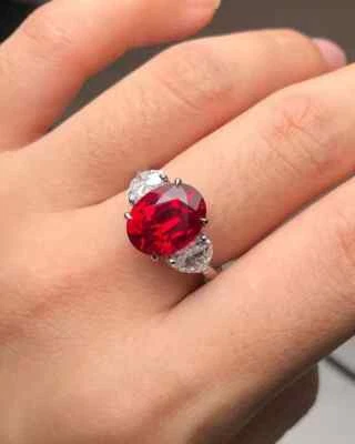 Anillo de boda de diamantes rubí rojo natural de 3,80 quilates de corte ovalado de oro blanco real de 14 quilates talla 7 Foto 1 de 4