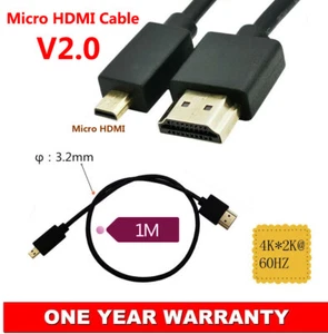 V2.0 Micro HDMI to HDMI Adapter Cable 4K*2K @60Hz UltraHD High Speed Super Slim - Picture 1 of 6