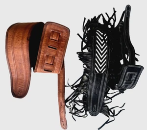 Set of 2 Leather Guitar Straps, 3" Fringe Black & 4" Wide Brown Guitar Strap - Picture 1 of 20