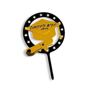 Cake topper acrilico buona laurea congratulazioni oro grado cappello stelle rotondo deco  - Foto 1 di 3