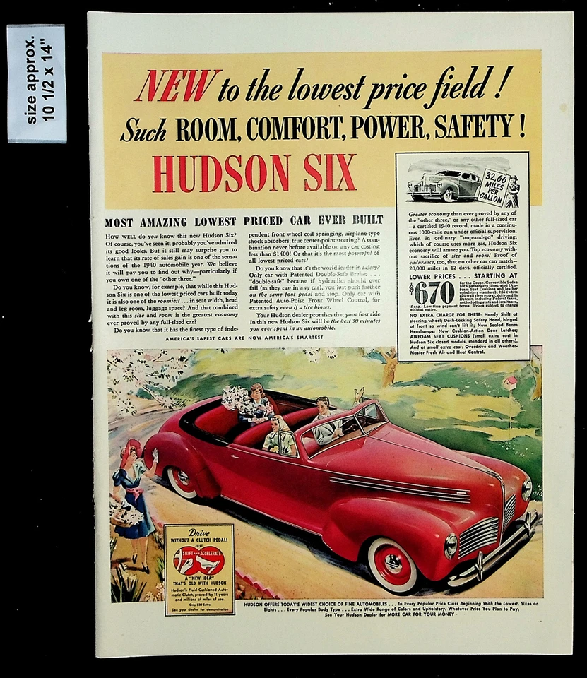 1941 Hudson Six Red Car Lowest Price Economy Couple Vintage Print Ad 35779 - Image 1 of 1