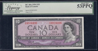 1954 Bank of Canada $10 Banknote - BC-40a - Legacy AU53PPQ - SN:X/D4834496  A19 - Image 1 of 2