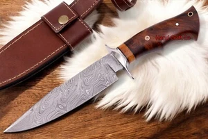13" Handmade Damascus Steel Hunting Bowie Knife with Wood Handle &Leather Sheath - Picture 1 of 9