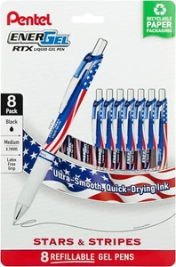 Pentel EnerGel RTX Retractable Liquid Gel Pen, Flag Barrel, Black ink, Pack of 8 - Picture 1 of 5
