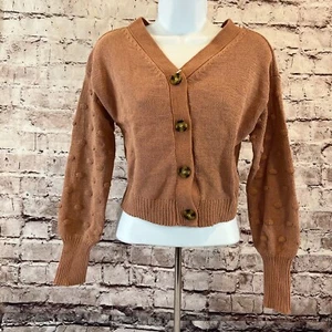Moon & Madison Women's Blush Knit Button Up Crop Polka Dot Sleeve Sweater Size S - Picture 1 of 7