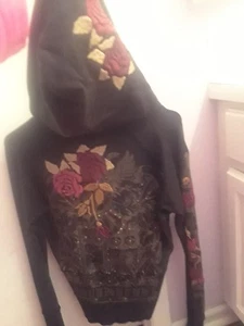 Womens Bejeweled Zip Front patch emboider roses hoodie with swavorski crystals - Picture 1 of 7
