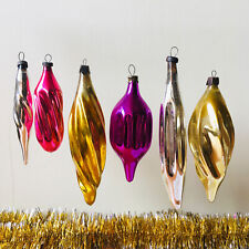 Vintage icicle ornaments set, Hot pink, gold, silver swirl retro Christmas decor