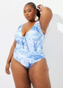 Nicole Miller Women's Plus Size One Piece Swimsuit Blue Tropic Swirl Print - Picture 1 of 10