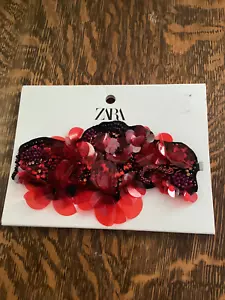 ZARA Women's Sequin Beaded CHOKER NECKLACE Red Black Rhinestones Flowers - Picture 1 of 4