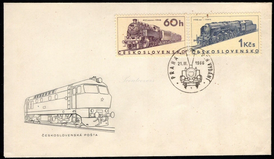 FDC Checoslovaquia 1966, locomotoras ferroviarias (2) Foto 1 de 3