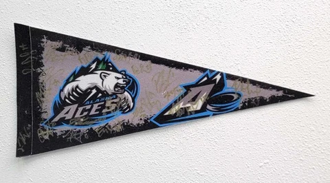 Alaska Aces Hockey Team Player Signed Pennant Polar Bear Logo Black Blue White Cover